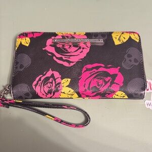 Betsey Johnson Floral Skull Wristlet Wallet - Black and Pink